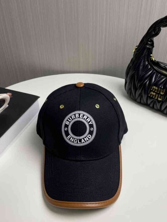 Burberry® Accessories - Burberry Black Canvas Baseball Cap Brown Leather Trim Circle England Logo Hat
